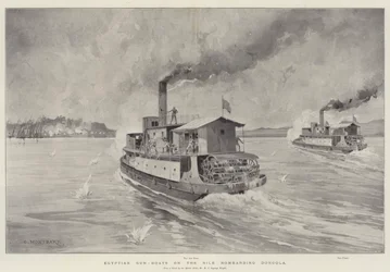 Ägyptische Kanonenboote auf dem Nil bombardieren Dongola